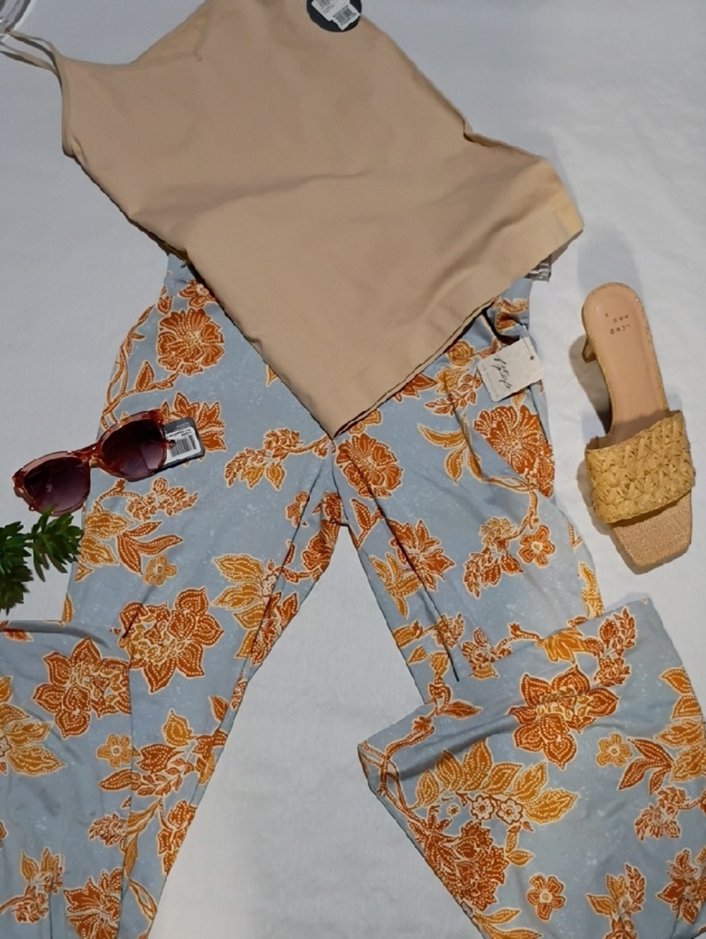 Beige Cami & Blue Floral Wide-Leg Pants Set